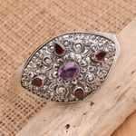 Garnet and amethyst cuff bracelet, 'Elephant Cave in Red' - Handmade Garnet and Amethyst Cuff Bracelet