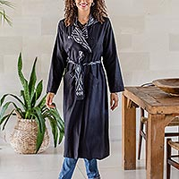 Hand-Woven Black Linen Trench Coat with Ikat Motif,'Northern Spy'