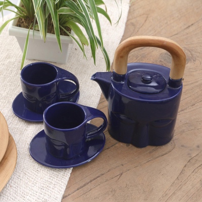 Teak wood-accented ceramic tea set for two, 'Buddha's Gaze' (5 pcs) - Blue Ceramic Tea Set with Teak Wood Handle (5 Pcs)