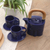 Teak wood-accented ceramic tea set for two, 'Buddha's Gaze' (5 pcs) - Blue Ceramic Tea Set with Teak Wood Handle (5 Pcs) thumbail