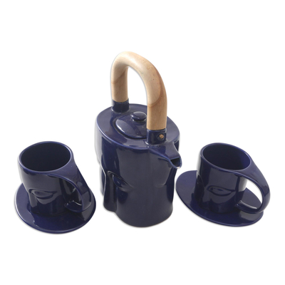 Teeservice aus Keramik mit Teakholz-Akzent für zwei Personen (5 Stück) - Blaues Keramik-Teeservice mit Teakholzgriff (5 Stück)