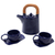 Teak wood-accented ceramic tea set for two, 'American Blue' (5 pcs) - Blue Ceramic and Teak Wood Tea Set for Two (5 Pcs)