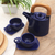 Teak wood-accented ceramic tea set for two, 'American Blue' (5 pcs) - Blue Ceramic and Teak Wood Tea Set for Two (5 Pcs)