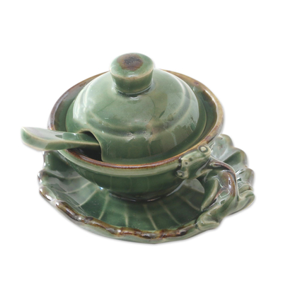 Ceramic condiment set, 'Rain Frog' (3 pcs) - Handmade Green Ceramic Condiment Set from Bali (3 Pcs)
