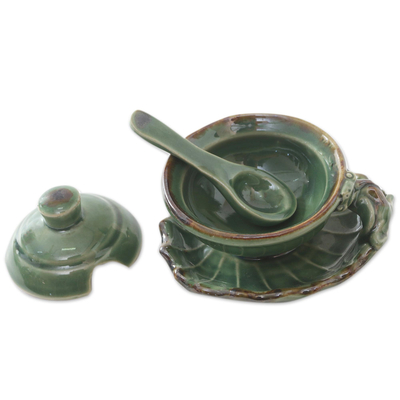 Ceramic condiment set, 'Rain Frog' (3 pcs) - Handmade Green Ceramic Condiment Set from Bali (3 Pcs)