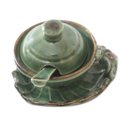 Juego de condimentos de cerámica, (3 piezas) - Juego de Condimentos de Cerámica Verde Hecho a Mano de Bali (3 Piezas)