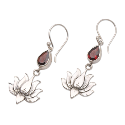 Garnet dangle earrings, 'Burning Lotus' - Garnet Lotus-Motif Dangle Earrings from Bali