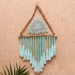 Hand-crocheted cotton wall hanging, 'Triangle of Devotion' - Hand-Crocheted Cotton and Wood Wall Hanging