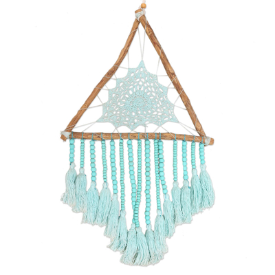 Hand-crocheted cotton wall hanging, 'Triangle of Devotion' - Hand-Crocheted Cotton and Wood Wall Hanging