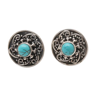 Natural Turquoise and Sterling Silver Button Earrings