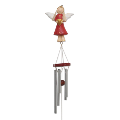 Wood wind chime, 'Love Angel in Red' - Albesia Wood Angel-Themed Wind Chime