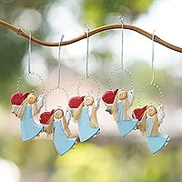 Wood holiday ornaments, 'Love Delivery in Sky Blue' (set of 5)