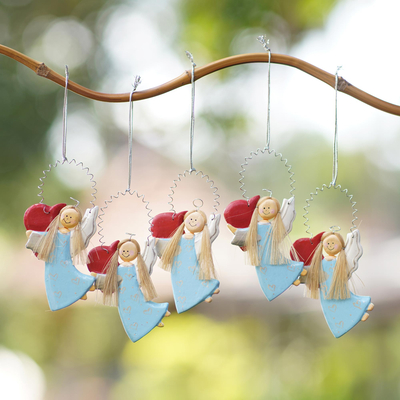 Weihnachtsschmuck aus Holz, (5er-Set) - Weihnachtsornamente aus Holz mit Herz- und Engelsmotiv (5er-Set)