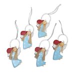 Wood holiday ornaments, 'Love Delivery in Sky Blue' (set of 5) - Heart and Angel-Themed Wood Holiday Ornaments (Set of 5)
