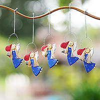 Wood holiday ornaments, 'Love Delivery in Blue' (set of 5)
