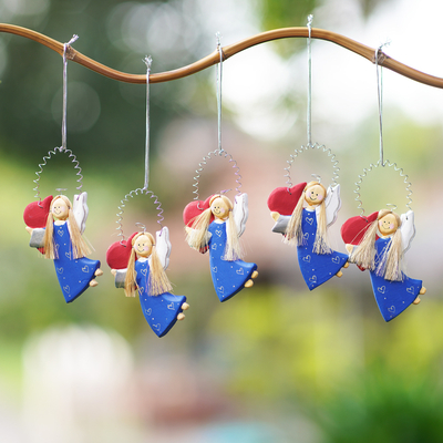 Wood holiday ornaments, 'Love Delivery in Blue' (set of 5) - Hand Carved Angel-Themed Holiday Ornaments (Set of 5)