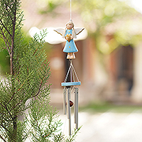 Wood wind chime, 'Love Angel in Blue' - Blue Angel-Themed Wind Chime from Bali