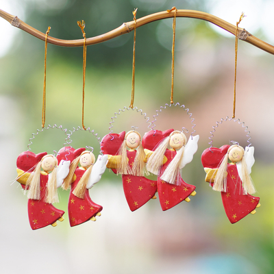 Wood holiday ornaments, 'Love Delivery in Red' (set of 5) - Hand Made Albesia Wood Holiday Ornaments (Set of 5)