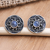Rainbow moonstone button earrings, 'Love Goes On in Iridescent' - Rainbow Moonstone and Sterling Silver Button Earrings