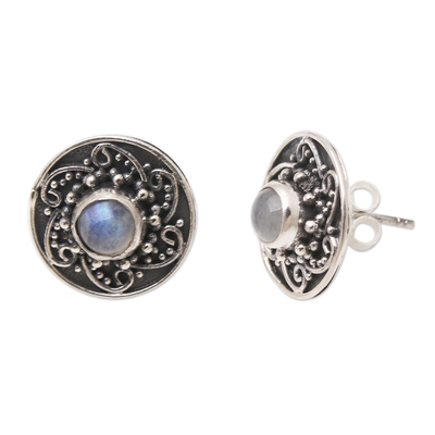 Rainbow moonstone button earrings, 'Love Goes On in Iridescent' - Rainbow Moonstone and Sterling Silver Button Earrings