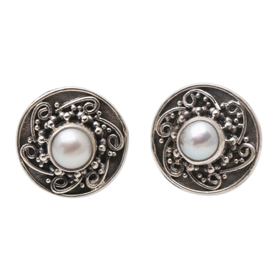 Cultured Pearl and Sterling Silver Button Earrings