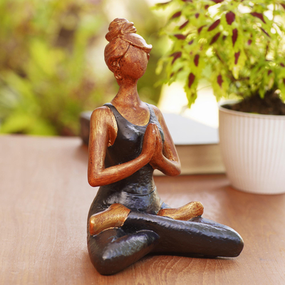Cement statuette, 'Asana Pose in Black' - Hand-Painted Cement Yoga Statuette