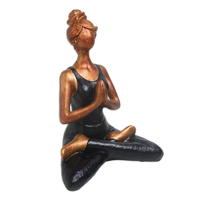 Cement statuette, 'Asana Pose in Black' - Hand-Painted Cement Yoga Statuette