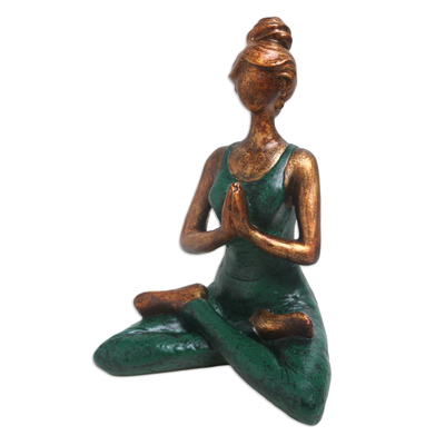Cement statuette, 'Asana Pose in Green' - Artisan Crafted Cement Yoga Statuette