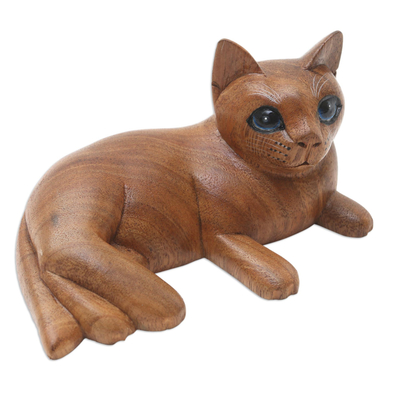 Wood statuette, 'Feline Friend in Brown' - Handmade Suar Wood Cat Statuette from Bali
