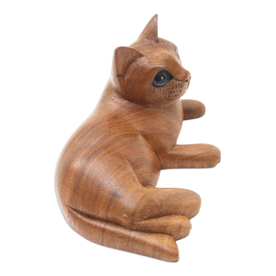 Wood statuette, 'Feline Friend in Brown' - Handmade Suar Wood Cat Statuette from Bali