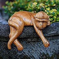 Wood statuette, 'Sleeping Monkey in Brown' - Hand Made Suar Wood Monkey Statuette