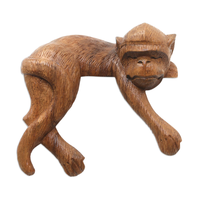 Wood statuette, 'Wild Nap' - Artisan Crafted Suar Wood Monkey Statuette