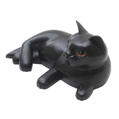 Wood statuette, 'Feline Friend in Black' - Hand Crafted Suar Wood Cat Statuette
