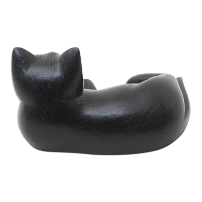 Wood statuette, 'Feline Friend in Black' - Hand Crafted Suar Wood Cat Statuette