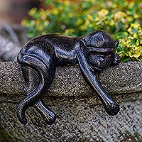 Wood statuette, 'Sleeping Monkey in Black' - Suar Wood Black Monkey Statuette