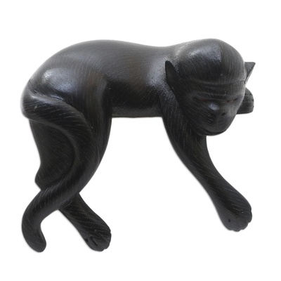 Wood statuette, 'Sleeping Monkey in Black' - Suar Wood Black Monkey Statuette
