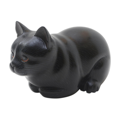 Wood statuette, 'Fat Cat in Black' - Hand Carved Suar Wood Cat Statuette