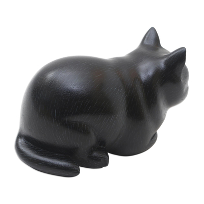 Wood statuette, 'Fat Cat in Black' - Hand Carved Suar Wood Cat Statuette