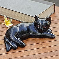 Wood statuette, 'Slinky Feline in Black'