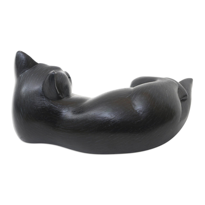 Wood statuette, 'Slinky Feline in Black' - Suar Wood Black Cat Statuette