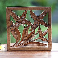 Floral-Themed Suar Wood Relief Panel,'Floral Axis'