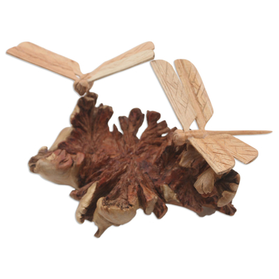 Hand Carved Jempinis Wood Dragonfly Statuette