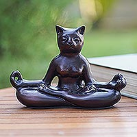 Cement statuette, 'Cat Meditation' - Hand Crafted Cement Cat Statuette from Java