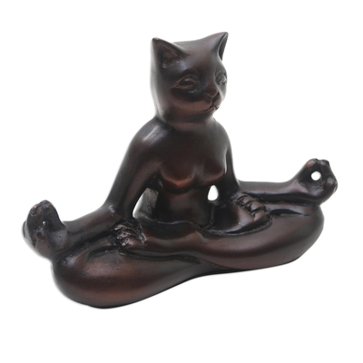 Cement statuette, 'Cat Meditation' - Hand Crafted Cement Cat Statuette from Java