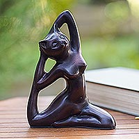 Cement statuette, 'Stretching Feline' - Hand Made Cement Cat Statuette from Java