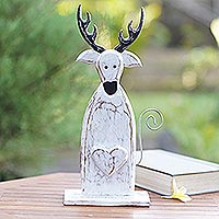 Wood home accent, 'Winter Deer in White' - Hand Carved Deer Sculpture