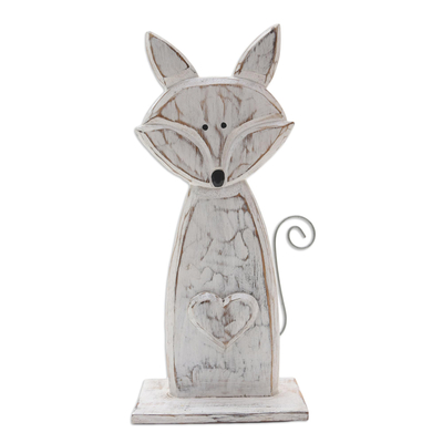 Wood statuette, 'Squirrelly Squirrels in White' - Albesia Wood Squirrel Statuette with Distressed Finish