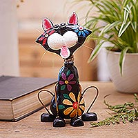 Wood statuette, 'Dance to the Beat' - Hand Painted Albesia Wood Cat Statuette