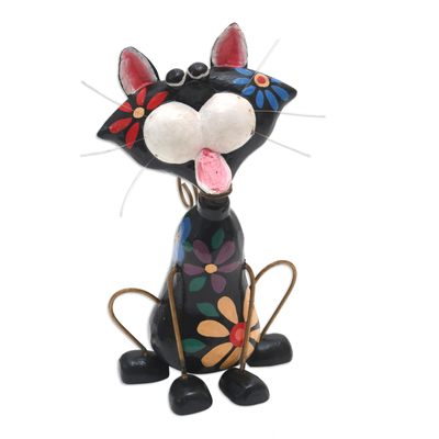 Hand Painted Albesia Wood Cat Statuette