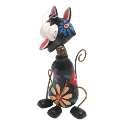 Wood statuette, 'Dance to the Beat' - Hand Painted Albesia Wood Cat Statuette